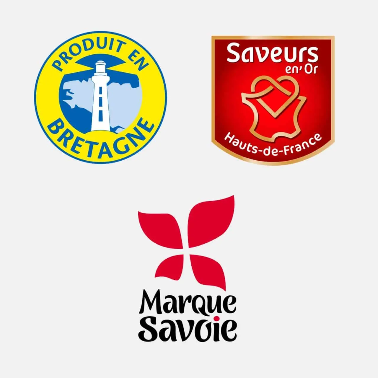 Logos des labels régionaux : produit en Bretagne, Saveurs en'Or et Marque Savoie.