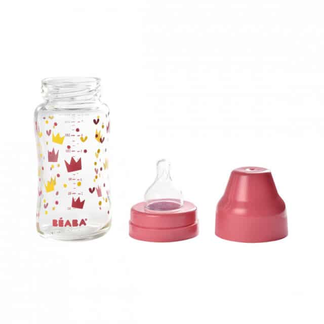 Biberon verre col large 240 ml Crown jaune/rose Béaba
