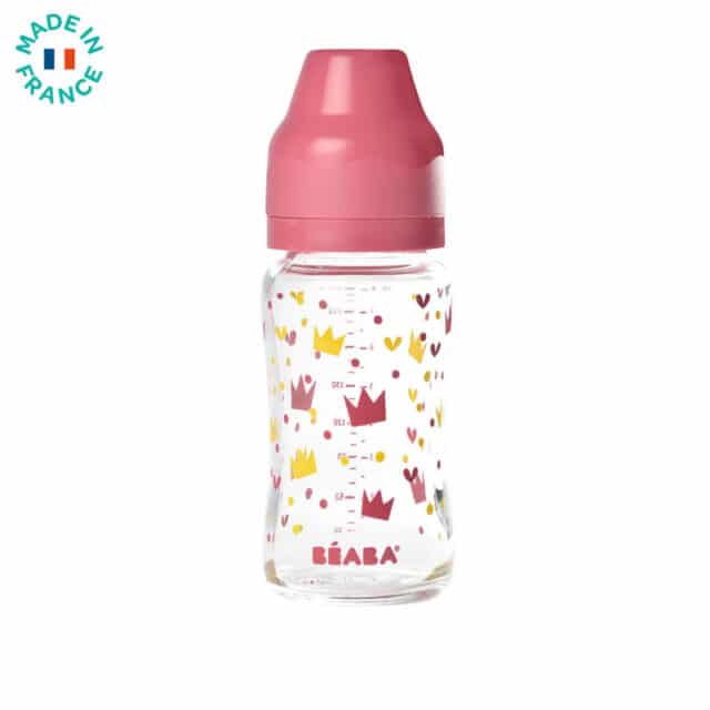 Biberon verre col large 240 ml Crown jaune/rose Béaba