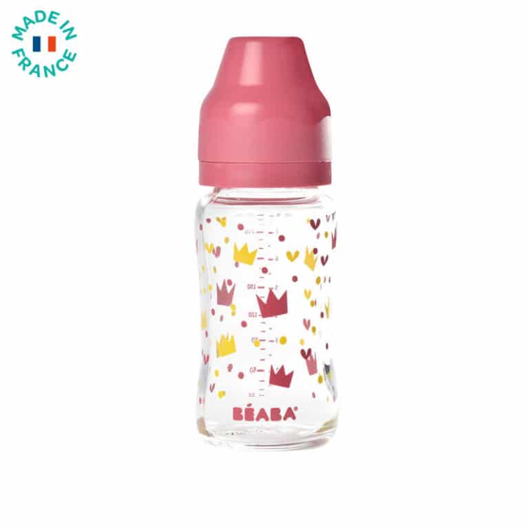 Biberon verre col large 240 ml Crown jaune/rose Béaba