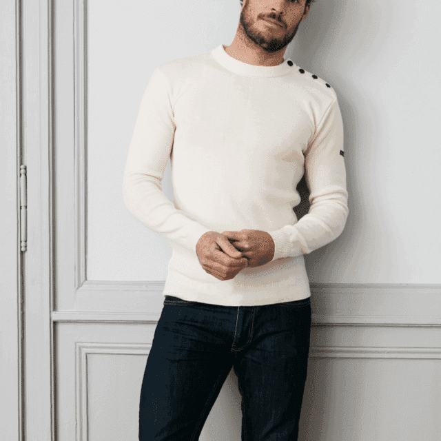 Pull marin pour homme en 100% pure laine mérinos uni écru