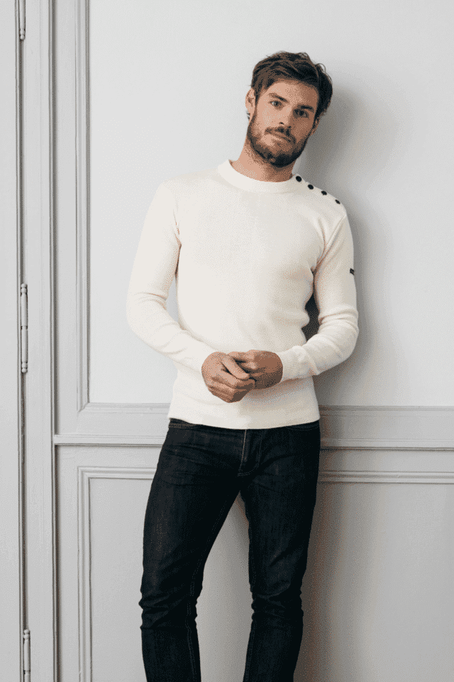 Pull marin pour homme en 100% pure laine mérinos uni écru