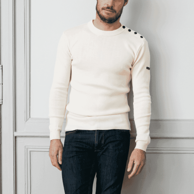 Pull marin pour homme en 100% pure laine mérinos uni écru