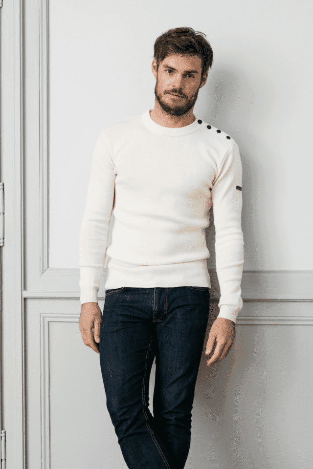 Pull marin pour homme en 100% pure laine mérinos uni écru