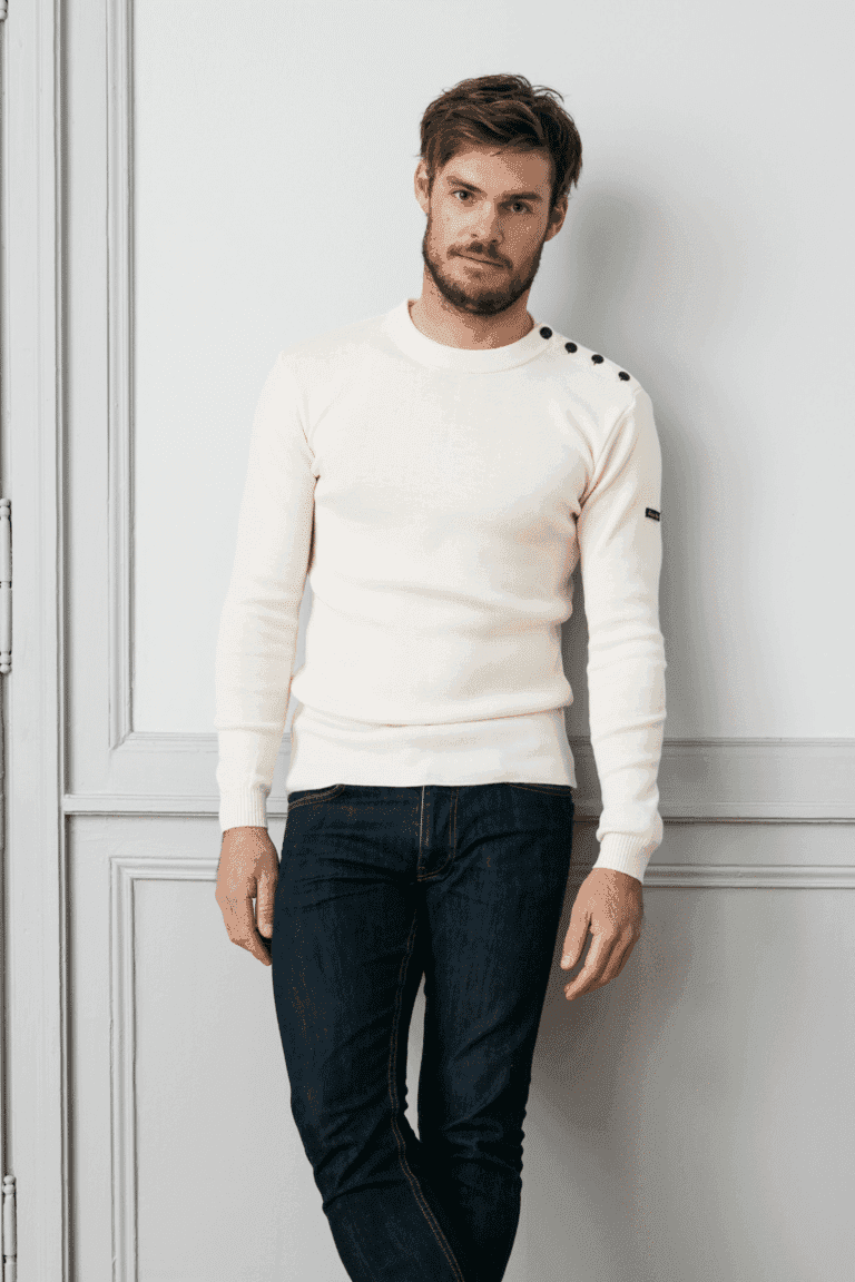 Pull marin pour homme en 100% pure laine mérinos uni écru