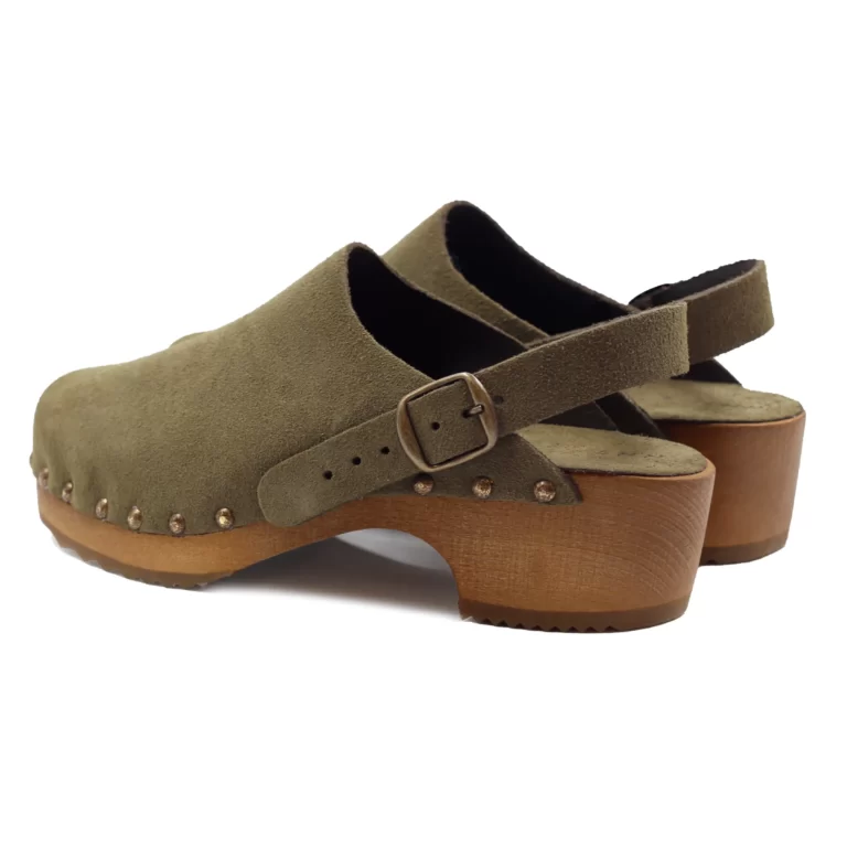 Jules et Jenn - Sabots bois brides cuir daim kaki