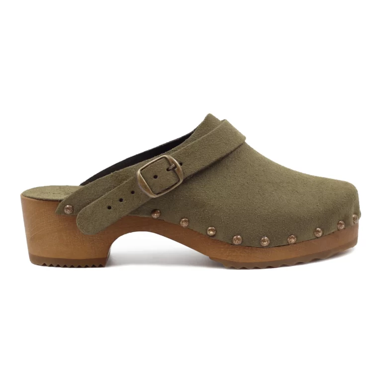 Jules et Jenn - Sabots bois brides cuir daim kaki