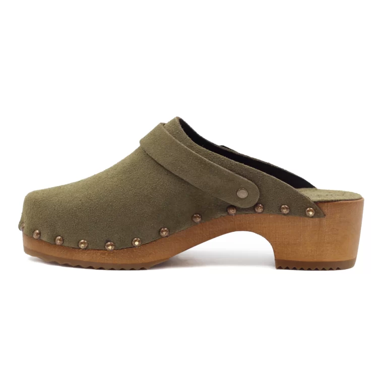 Jules et Jenn - Sabots bois brides cuir daim kaki
