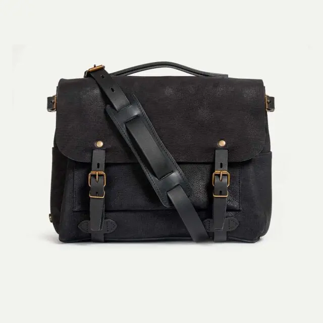 Bleu de Chauffe - Sac Postier Eclair M – Charbon Noir / Cuir Waxé
