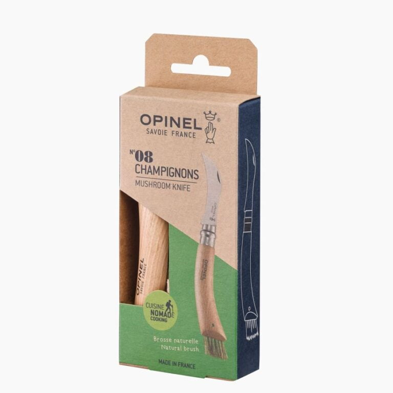 Opinel - Couteau N°08 Champignon - Lame courbée acier inoxydable 8 cm - Manche Bois Hêtre - Brosse Soie Naturelle - Made in France