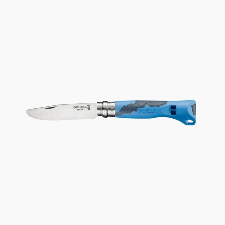 Opinel - Couteau de poche N°07 Outdoor Junior Bleu pour enfant - Lame bout rond 8 cm acier inoxydable - Manche sifflet - Made in France