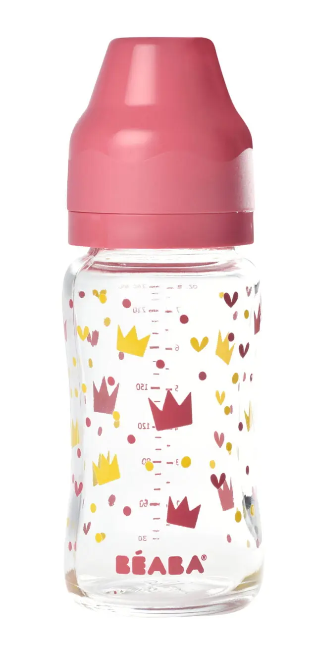 Béaba - Biberon verre col large 240ml Crown pink