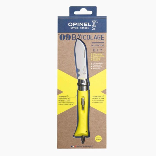 Opinel - Couteau de Poche N°09 Bricolage Jaune - Lame acier inoxydable 8 cm - Coupe-fil Dénudeur - Manche Tournevis Plat Cruciforme - Made in France