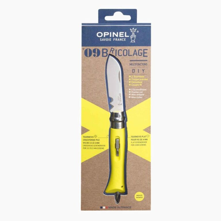 Opinel - Couteau de Poche N°09 Bricolage Jaune - Lame acier inoxydable 8 cm - Coupe-fil Dénudeur - Manche Tournevis Plat Cruciforme - Made in France