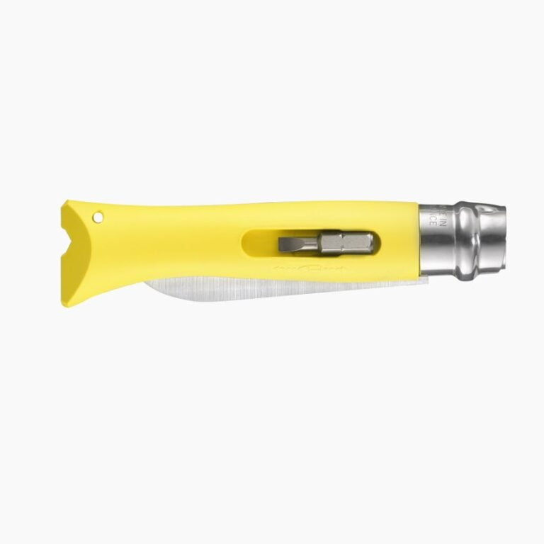 Opinel - Couteau de Poche N°09 Bricolage Jaune - Lame acier inoxydable 8 cm - Coupe-fil Dénudeur - Manche Tournevis Plat Cruciforme - Made in France