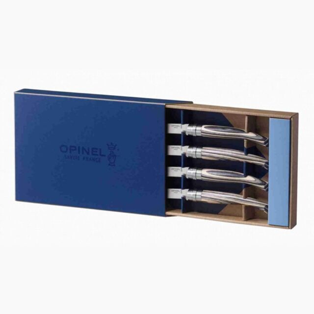 Opinel - Coffret 4 couteaux de table Chic Bouleau Lamellé - Lame Yatagan acier inoxydable 10 cm - Manche bois - Ancienne collection - Made in France