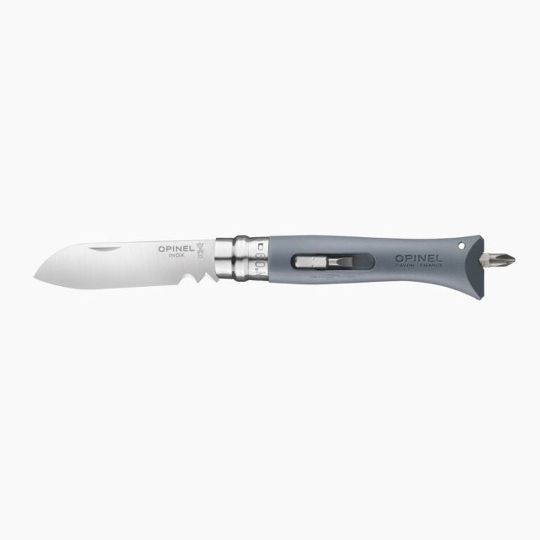 diygris Opinel - Couteau de Poche N°09 Bricolage Gris - Lame acier inoxydable 8 cm - Coupe-fil Dénudeur - Manche Tournevis Plat Cruciforme - Made in France