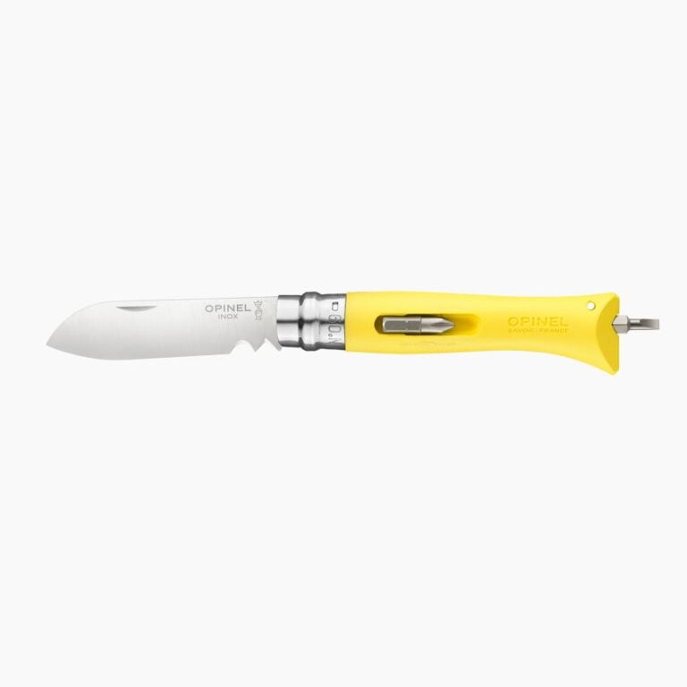 Opinel - Couteau de Poche N°09 Bricolage Jaune - Lame acier inoxydable 8 cm - Coupe-fil Dénudeur - Manche Tournevis Plat Cruciforme - Made in France