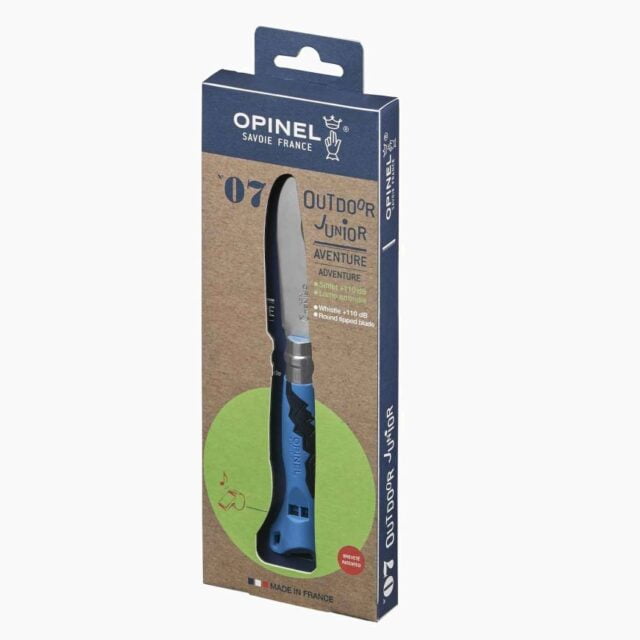 Opinel - Couteau de poche N°07 Outdoor Junior Bleu pour enfant - Lame bout rond 8 cm acier inoxydable - Manche sifflet - Made in France