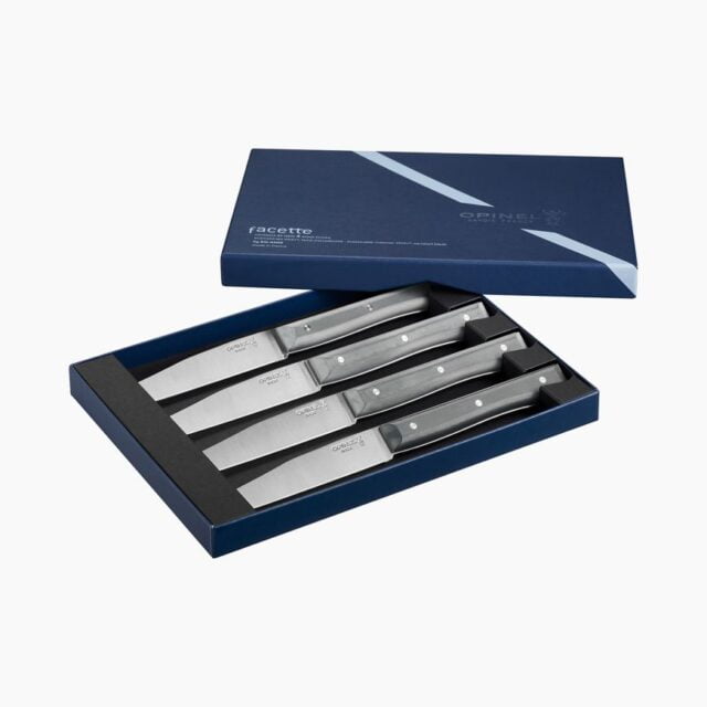 Opinel - Coffret 4 couteaux de table Facette Ardoise Microdenté - Lame pleine soie acier inoxydable - Résistant lave-vaisselle - Made in France