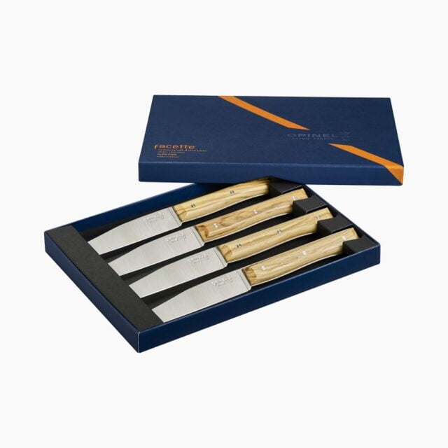 Opinel - Coffret 4 couteaux de table Facette Olivier - Lame lisse pleine soie acier inox - Manche bois - Résistant lave-vaisselle - Made in France