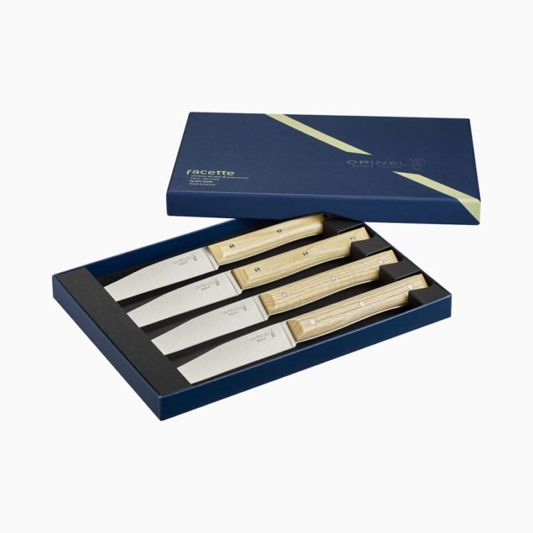 Opinel - Coffret 4 couteaux de table Facette Olivier - Lame lisse pleine soie acier inox - Manche bois - Résistant lave-vaisselle - Made in France