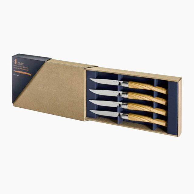 Opinel - Coffret 4 couteaux de table Chic Olivier - Lame Yatagan acier inoxydable 10 cm - Manche bois - Nouvelle collection - Made in France