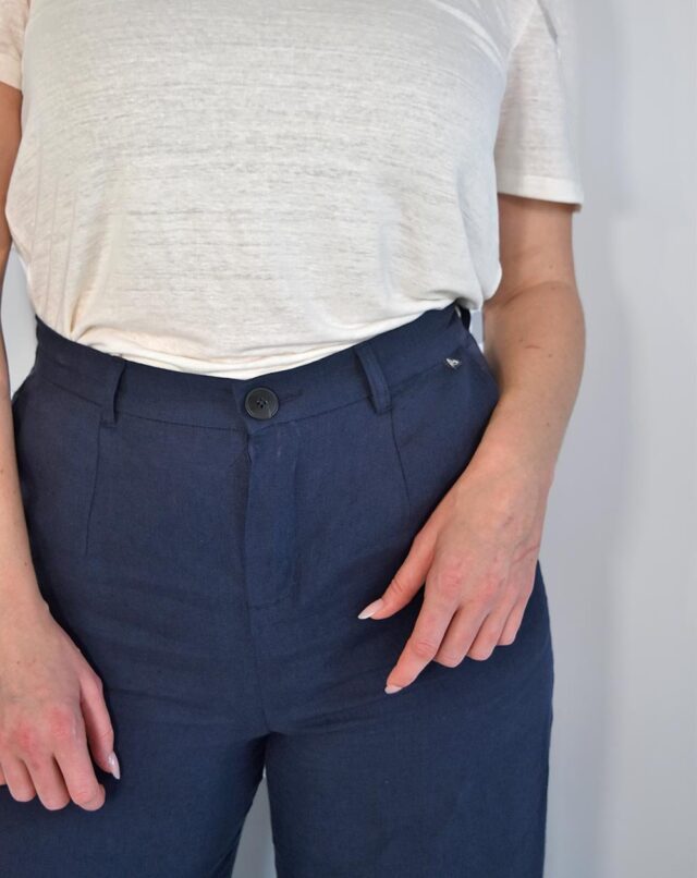 Aatise - pantalon femme taille mi-haute zhéa 100% lin marine