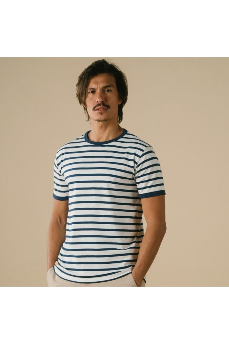 t shirt homme manches courtes mariniere blanc made in france coton bio Le t-shirt Propre - Le t-shirt fabriqué en France - Marinière blanc