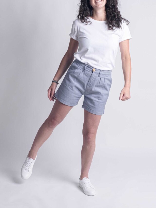 1083 - SHORT PINCE 278H LARGE taille haute coton bio pique flex bleu Femme