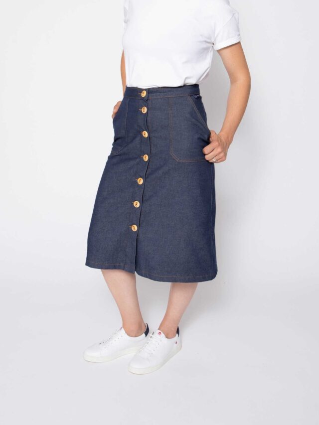 1083 - JUPE MIDI EVASEE 293N LES JUPONS DE LOUISON coton bio bleu