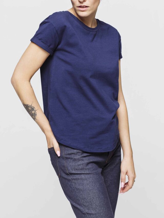 1083 - T-SHIRT COL ROND 403 UNI coton bio bleu marine Femme