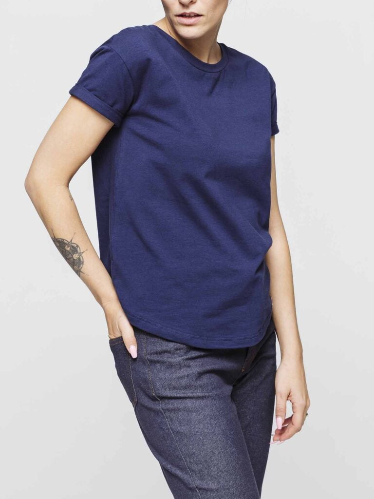 1083 - T-SHIRT COL ROND 403 UNI coton bio bleu marine Femme