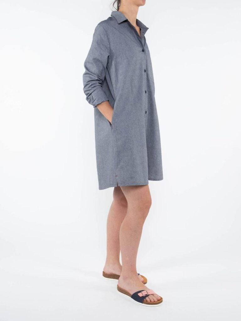 1083 - ROBE CHEMISE DROITE 551 BLANC DES VOSGES  coton bio uni bleu gris