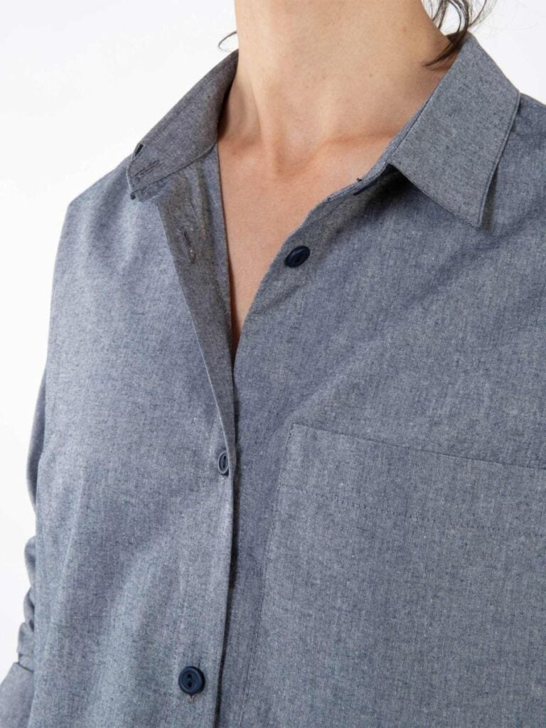 1083 - ROBE CHEMISE DROITE 551 BLANC DES VOSGES  coton bio uni bleu gris