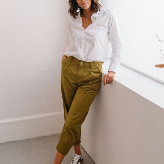 1083 - PANTALON VERT OLIVE 218H ballon taille haute coton bio denimoriginal uni
