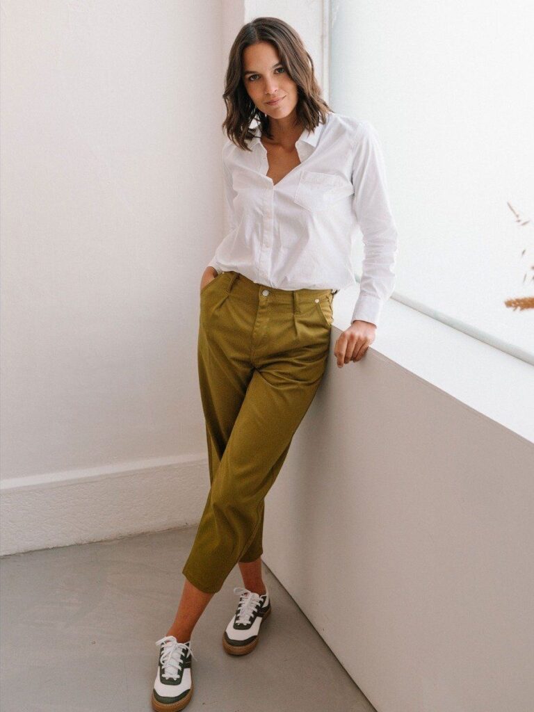 1083 - PANTALON VERT OLIVE 218H ballon taille haute coton bio denimoriginal uni