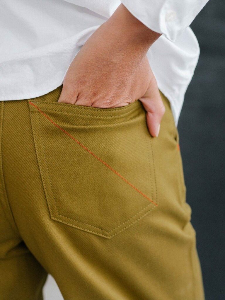 1083 - PANTALON VERT OLIVE 218H ballon taille haute coton bio denimoriginal uni
