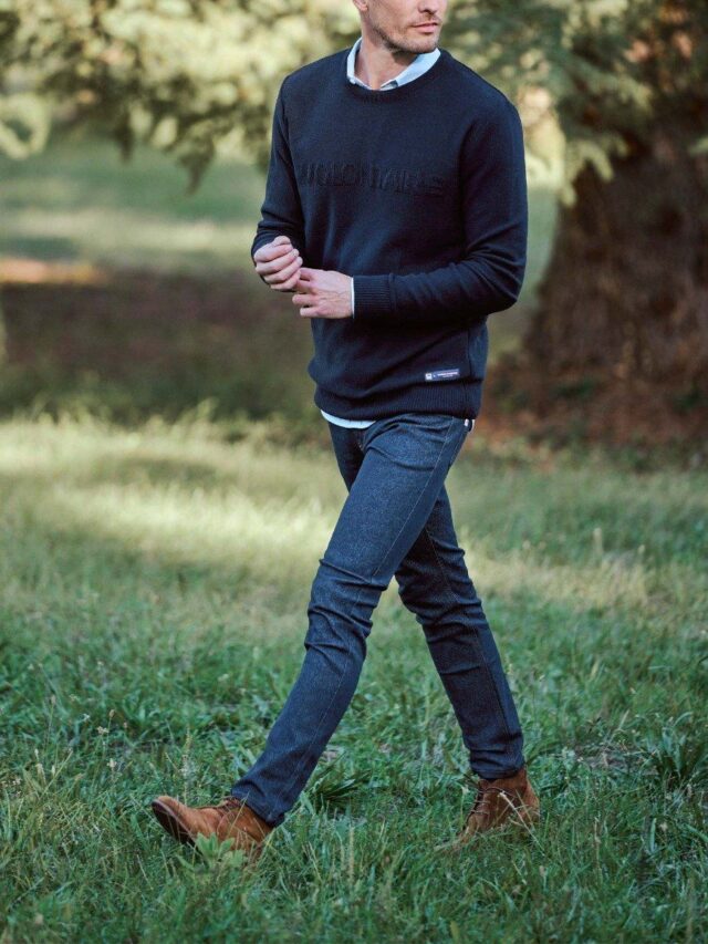 1083 - PULL AJUSTE 770 VOLONTAIRE laine recyclee bleu Homme