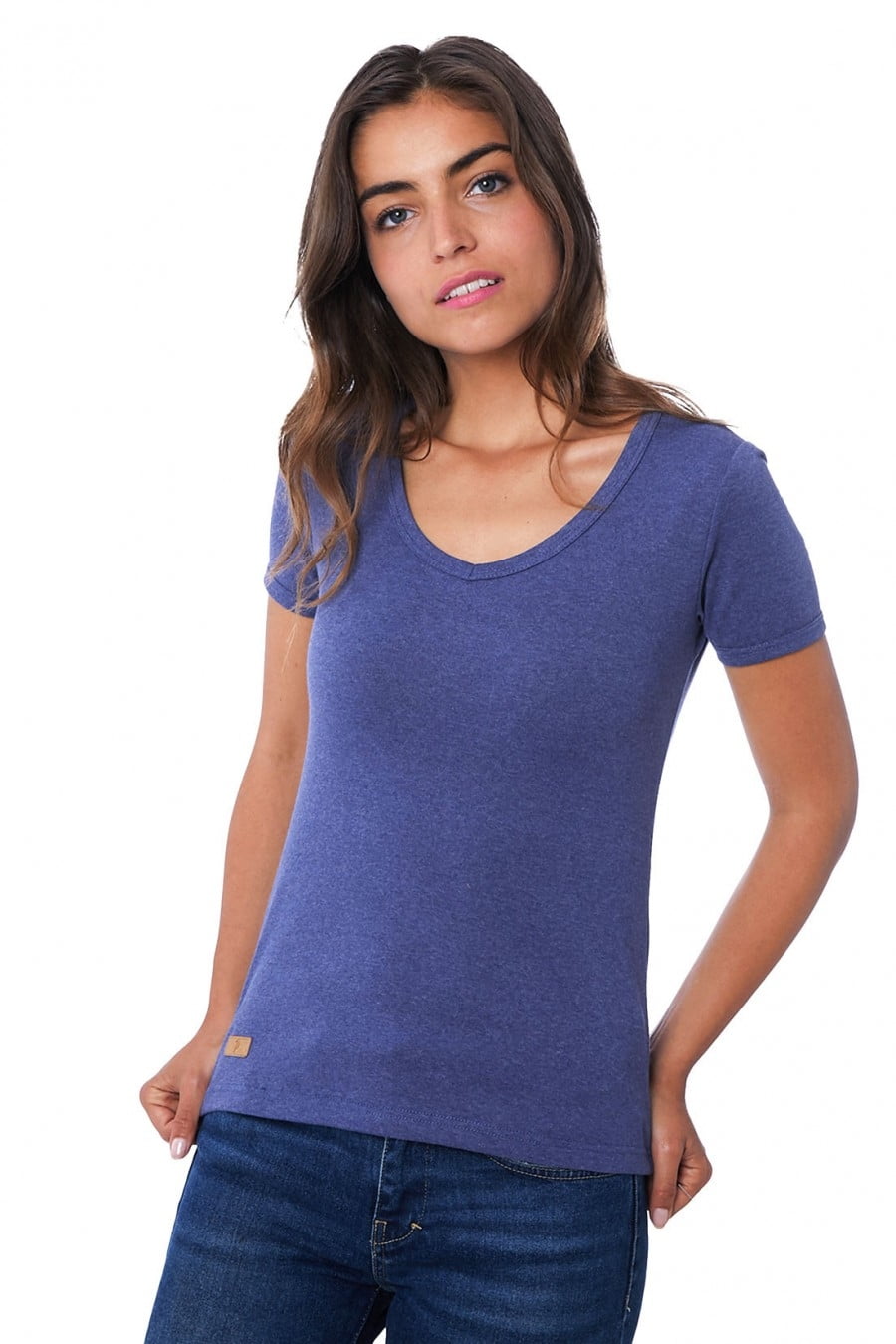 t shirt femme manche courte col v bleu chine fonce made in france 100 recycle Le t-shirt Propre - Le t-shirt fabriqué en France - Bleu Chiné