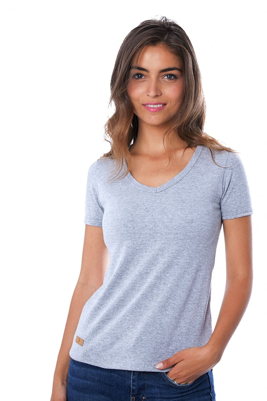t shirt femme manche courte col v gris clair chine made in france 100 recycle Le t-shirt Propre - Le t-shirt fabriqué en France - Gris clair chiné