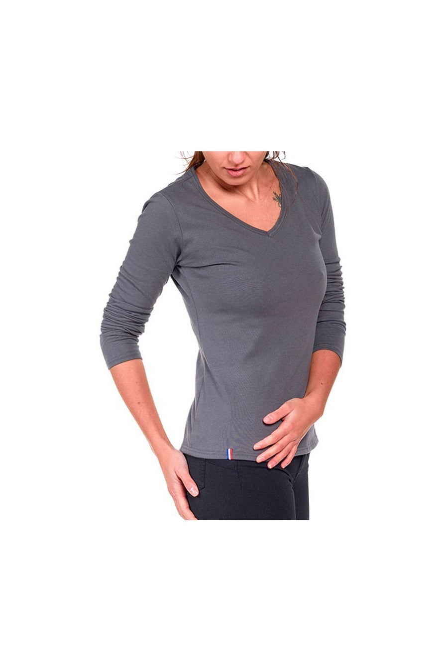 t shirt femme manche longue col v gris uni made in france coton bio Le t-shirt Propre - Le t-shirt fabriqué en France - Gris