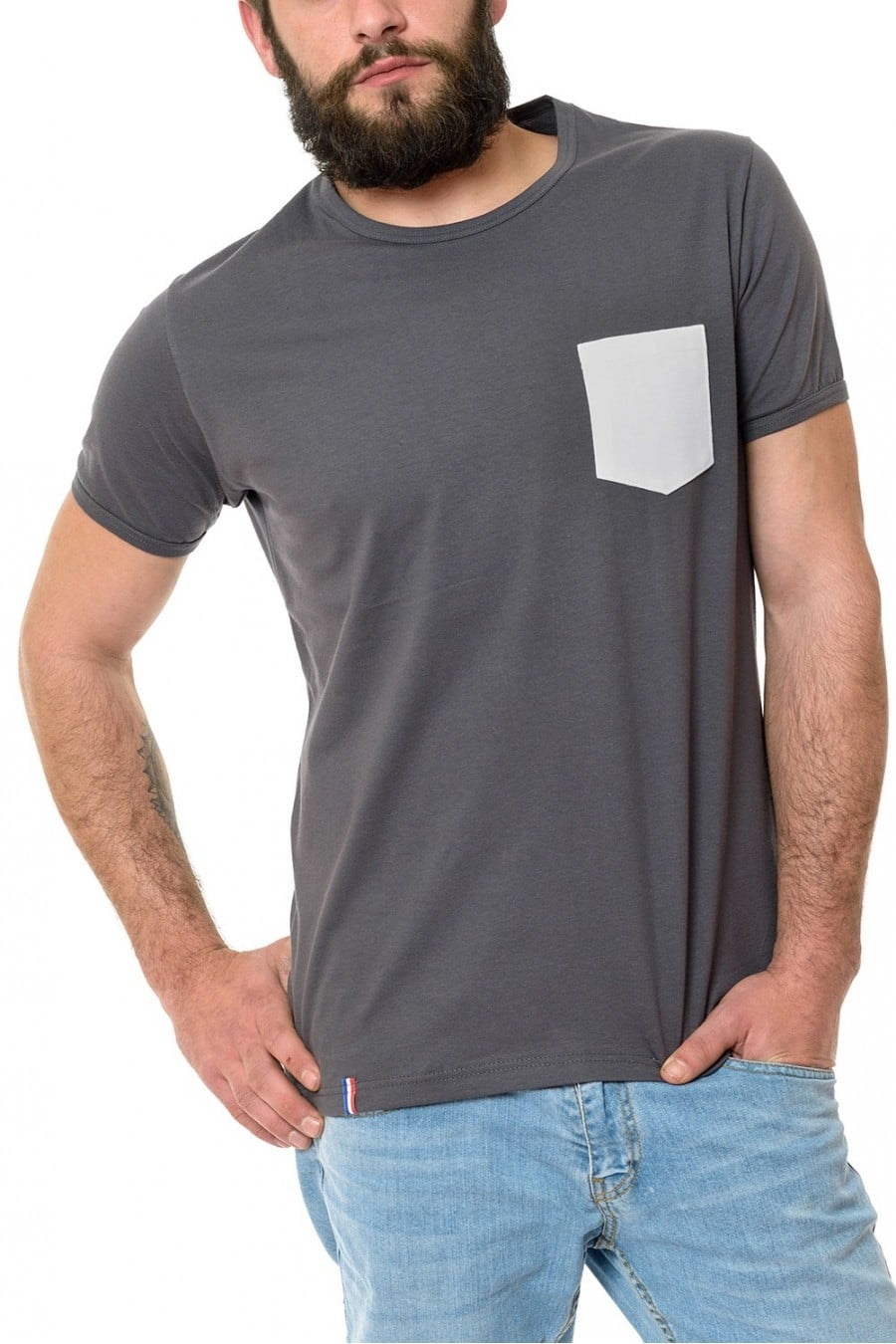 t shirt homme gris poche blanche made in france coton bio Le t-shirt Propre - Le t-shirt fabriqué en France - Gris poche blanc