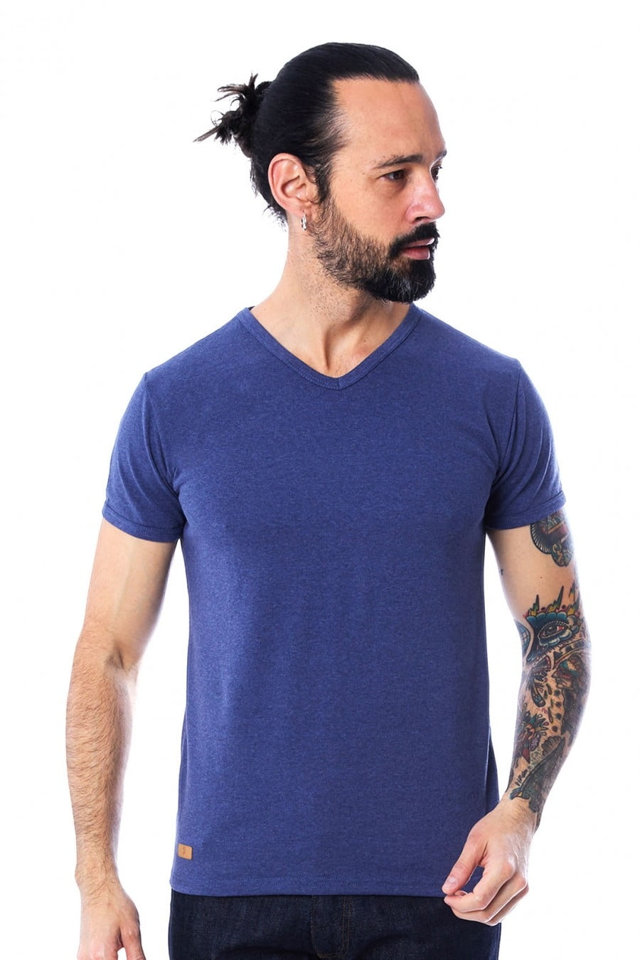 t shirt homme manche courte col v bleu chine fonce made in france 100 recycle Le t-shirt Propre - Le t-shirt fabriqué en France - Col V - Bleu Chiné