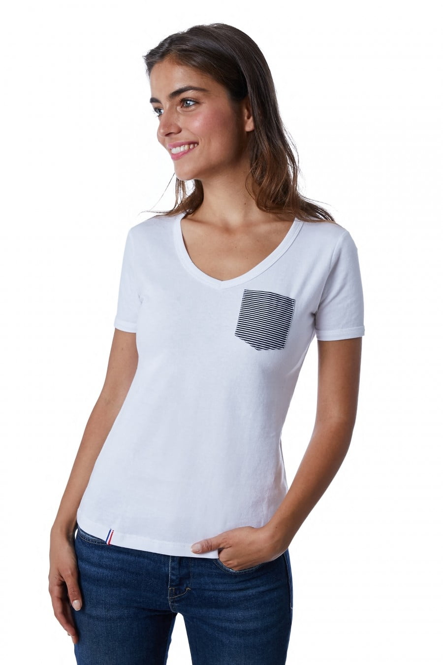 t shirt homme mariniere blanc col v made in france coton bio Le t-shirt Propre - Le t-shirt fabriqué en France - Poche marinière blanc