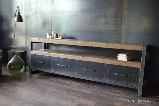 Grand meuble tv industriel métallique et bois massif JUVENTAS par la marque Micheli Design Micheli Design - Grand meuble tv industriel métallique et bois massif JUVENTAS