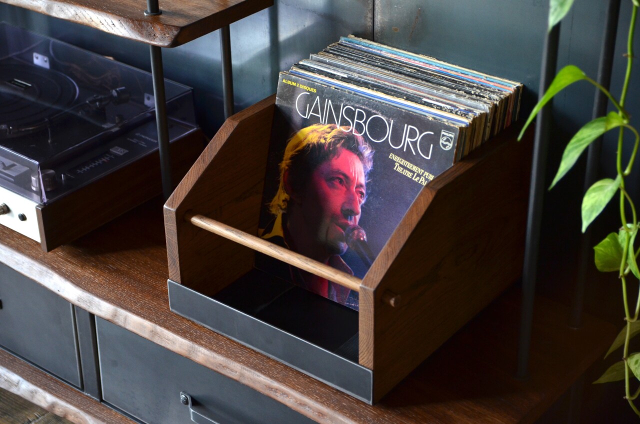 Bac rangement vinyle vintage Érato chêne acier Micheli design