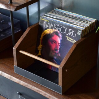 Bac rangement vinyle vintage Érato chêne acier Micheli design