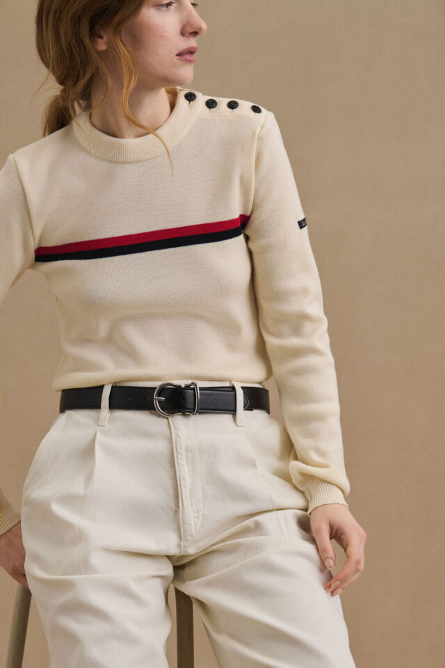 Pull marin en laine mérinos écru avec rayure pour femme par la marque Le Minor Le Minor - Pull marin en laine mérinos écru avec rayure pour femme