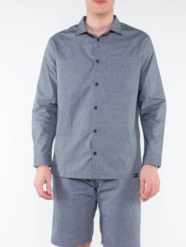 1083 - CHEMISE DROITE 370 BLANC DES VOSGES  coton bio uni bleu gris